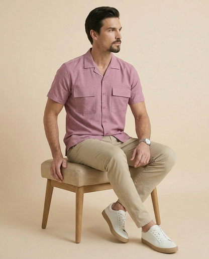 Pink Cuban Collar Shirt - Double Pocket