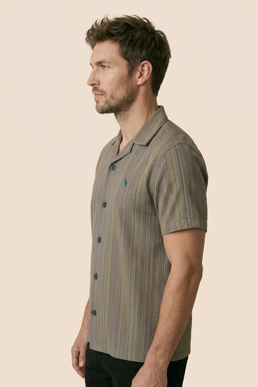Green Cuban Collar Shirt - Yarn Dyed Hand Made Fabric