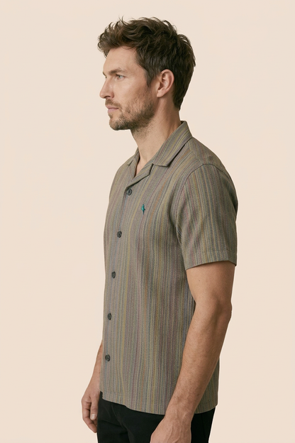 Green Cuban Collar Shirt - Yarn Dyed Hand Made Fabric