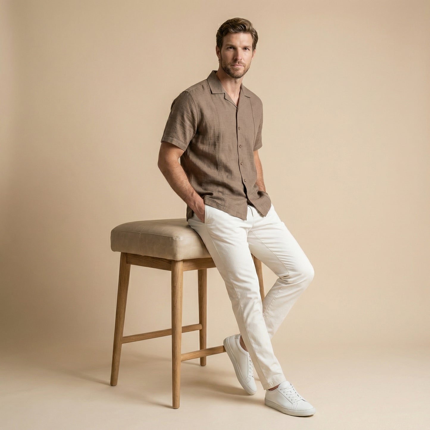Cappuccino Cuban Collar Shirt - 100% Cotton Linen
