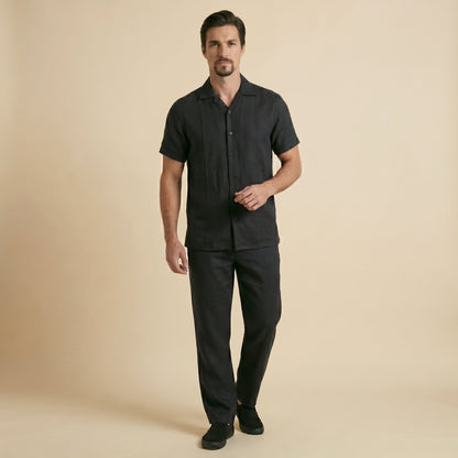 Black Cuban Collar Shirt - 100% Cotton Linen