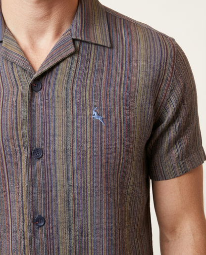 Navy - Purple Cuban Collar Shirt - Yarn Dyed Hand Made Fabric