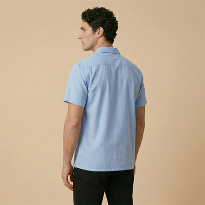 Sky Blue Cuban Collar Shirt - Double Pocket