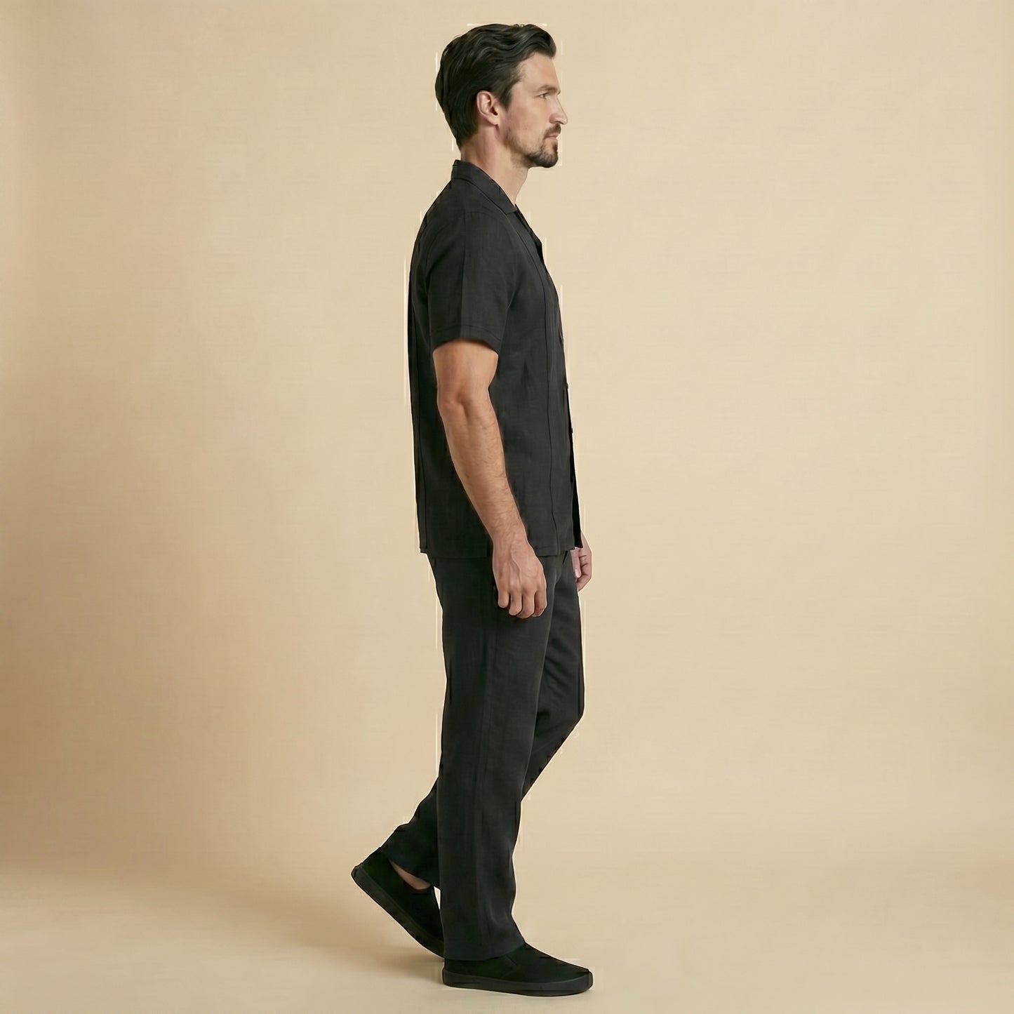 Black Cuban Collar Shirt - 100% Cotton Linen