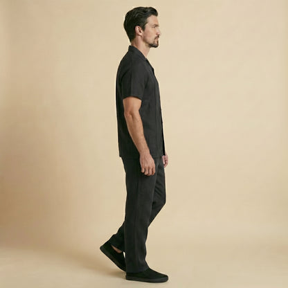 Black Cuban Collar Shirt - 100% Cotton Linen