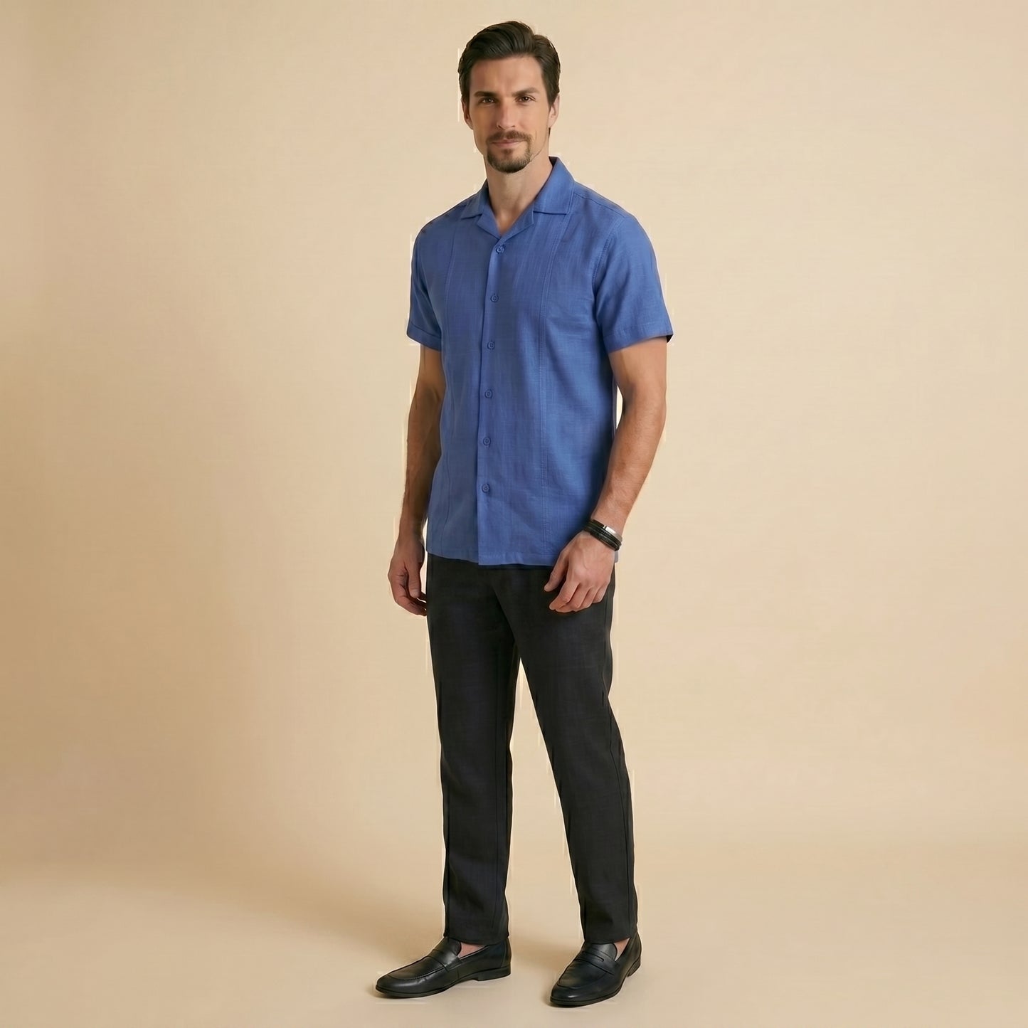 Royal Blue Cuban Collar Shirt - 100% Cotton Linen