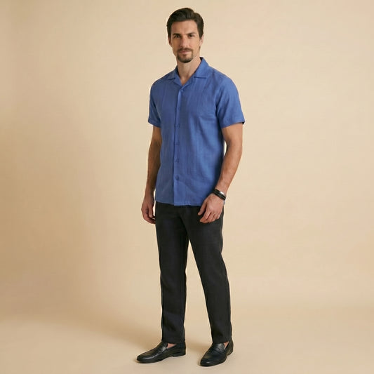 Royal Blue Cuban Collar Shirt - 100% Cotton Linen