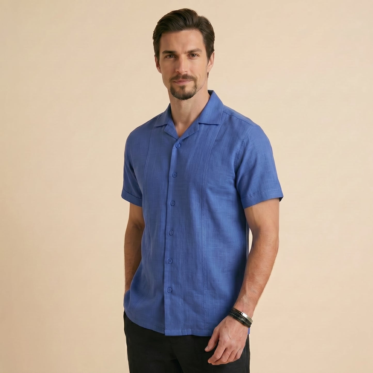 Royal Blue Cuban Collar Shirt - 100% Cotton Linen