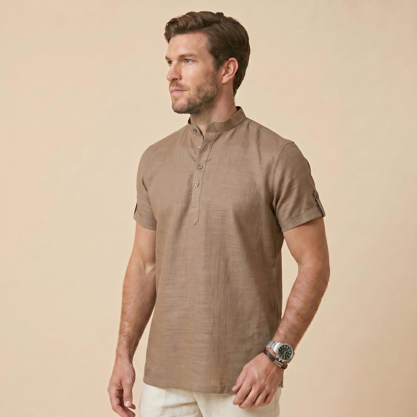 Cappuccino Henley Shirt - 100% Cotton Linen