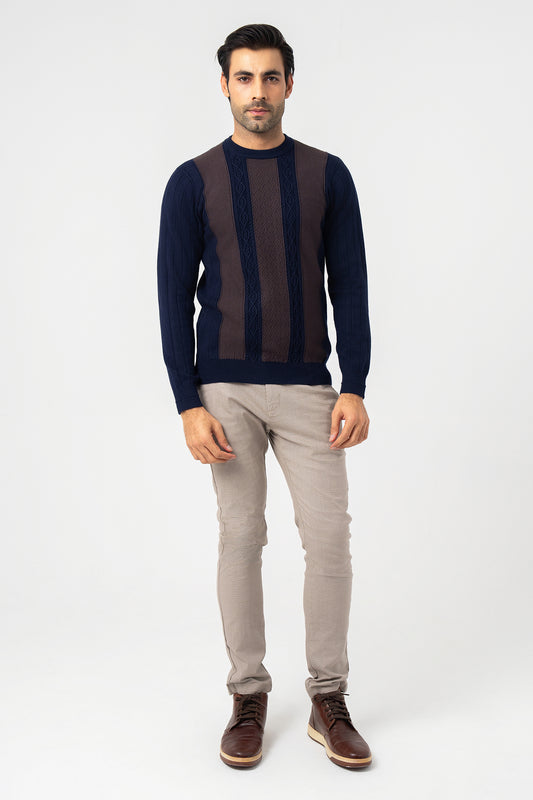 Navy and Brown Round Neck Sweater