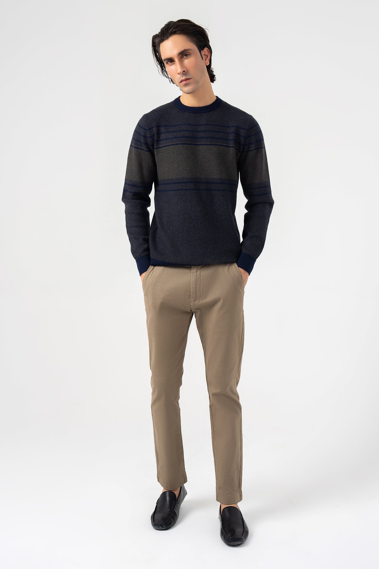 Gray and Navy Round Neck Sweater