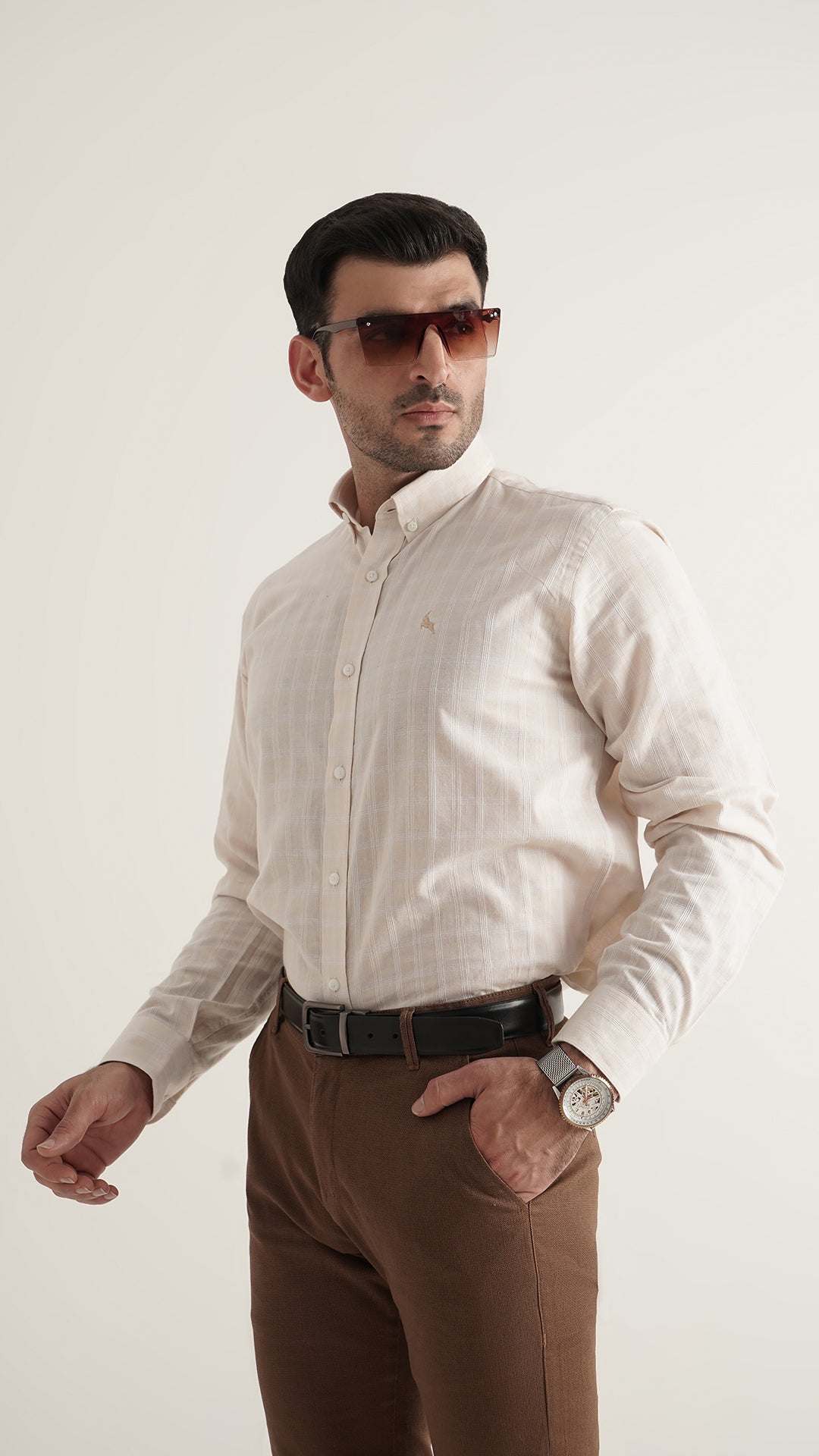 Markhor Off White Lining Wash N Wear Signature Casual Shirt