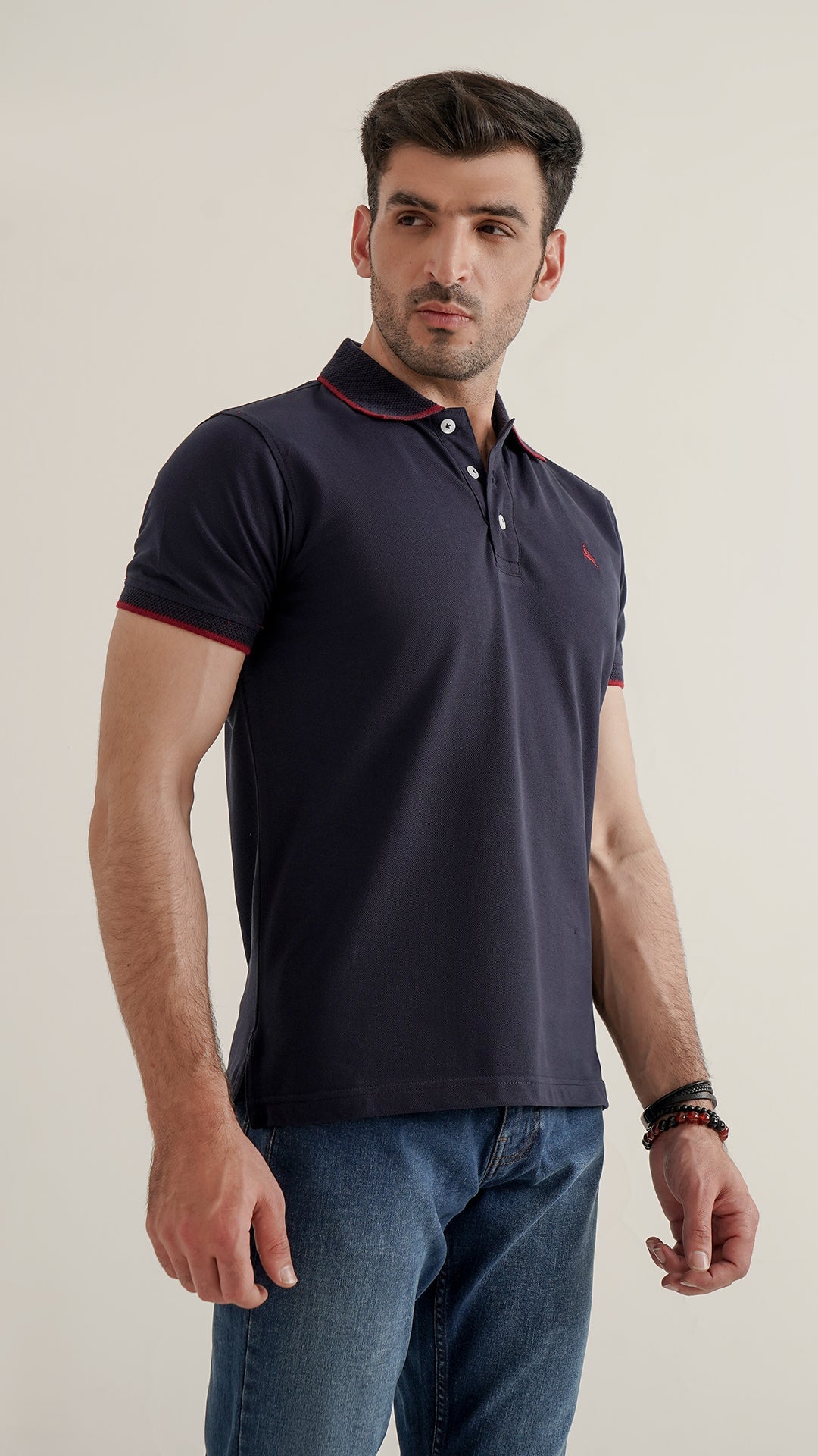Markhor Navy Plain Pique Polo Jacquard Collar