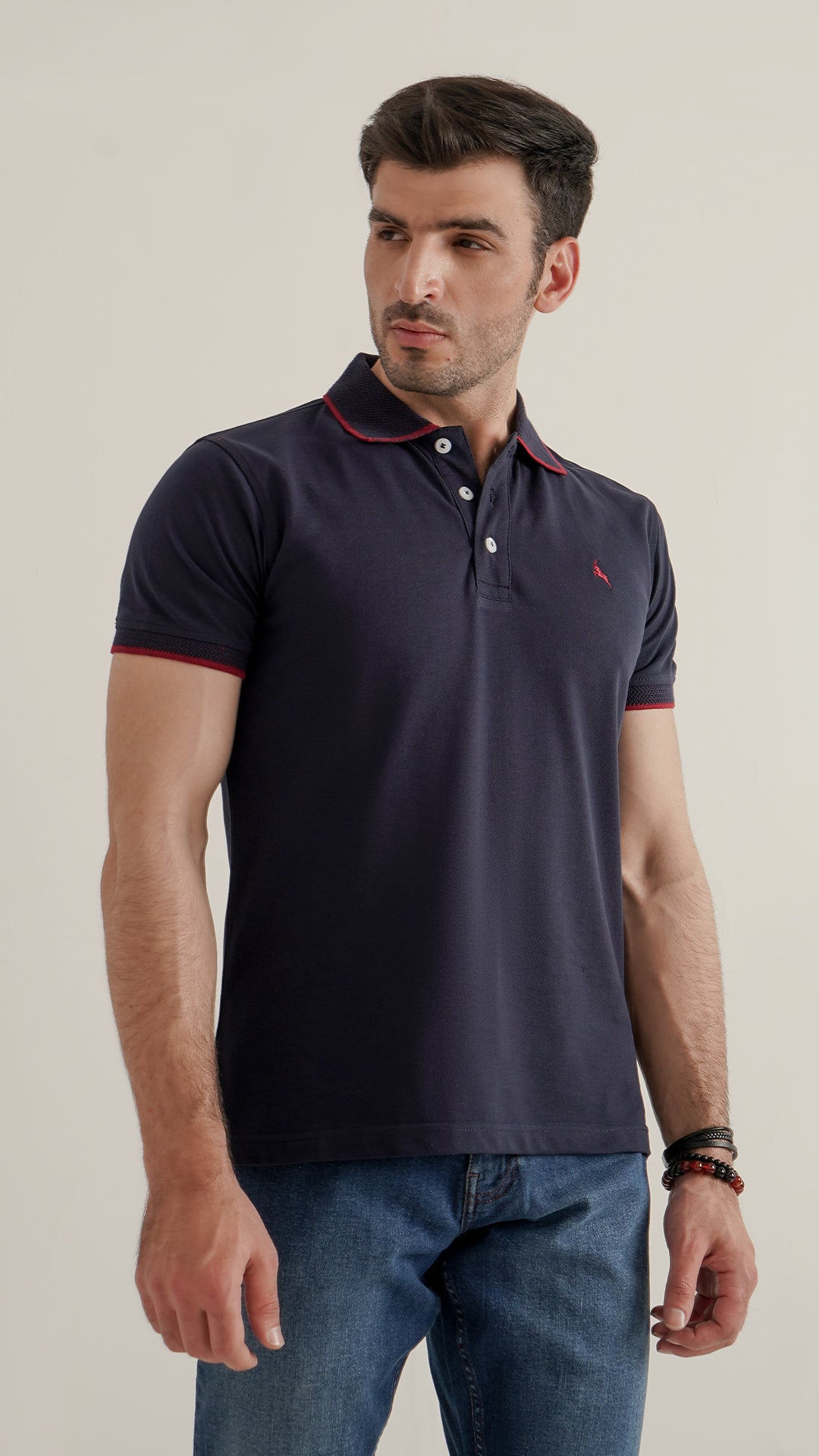Markhor Navy Plain Pique Polo Jacquard Collar