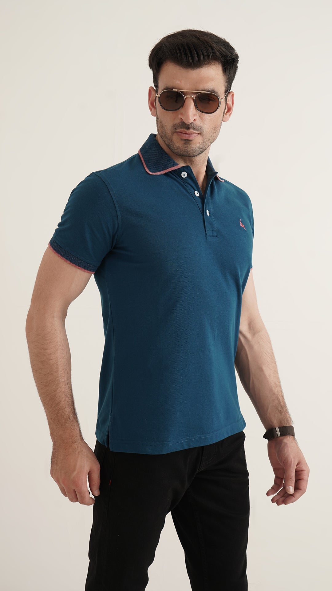 Markhor Blue Plain Pique Polo Jacquard Collar