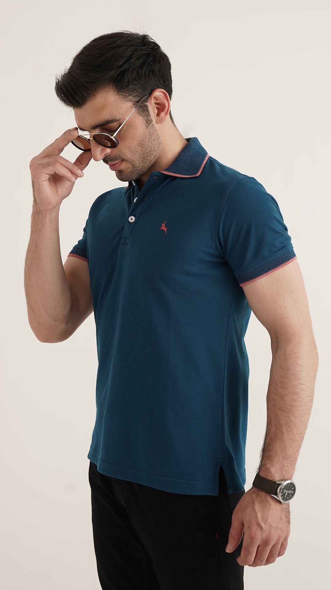 Markhor Blue Plain Pique Polo Jacquard Collar