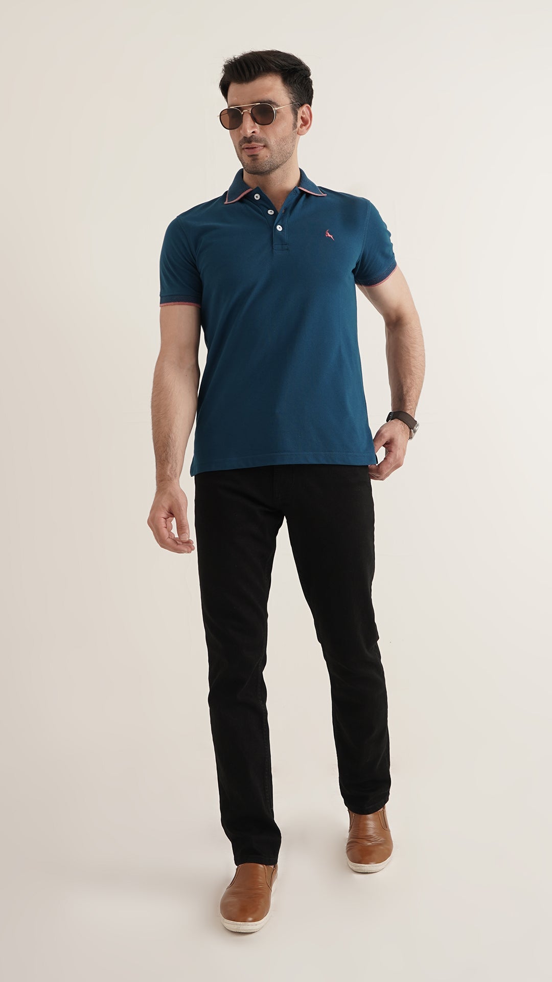 Markhor Blue Plain Pique Polo Jacquard Collar