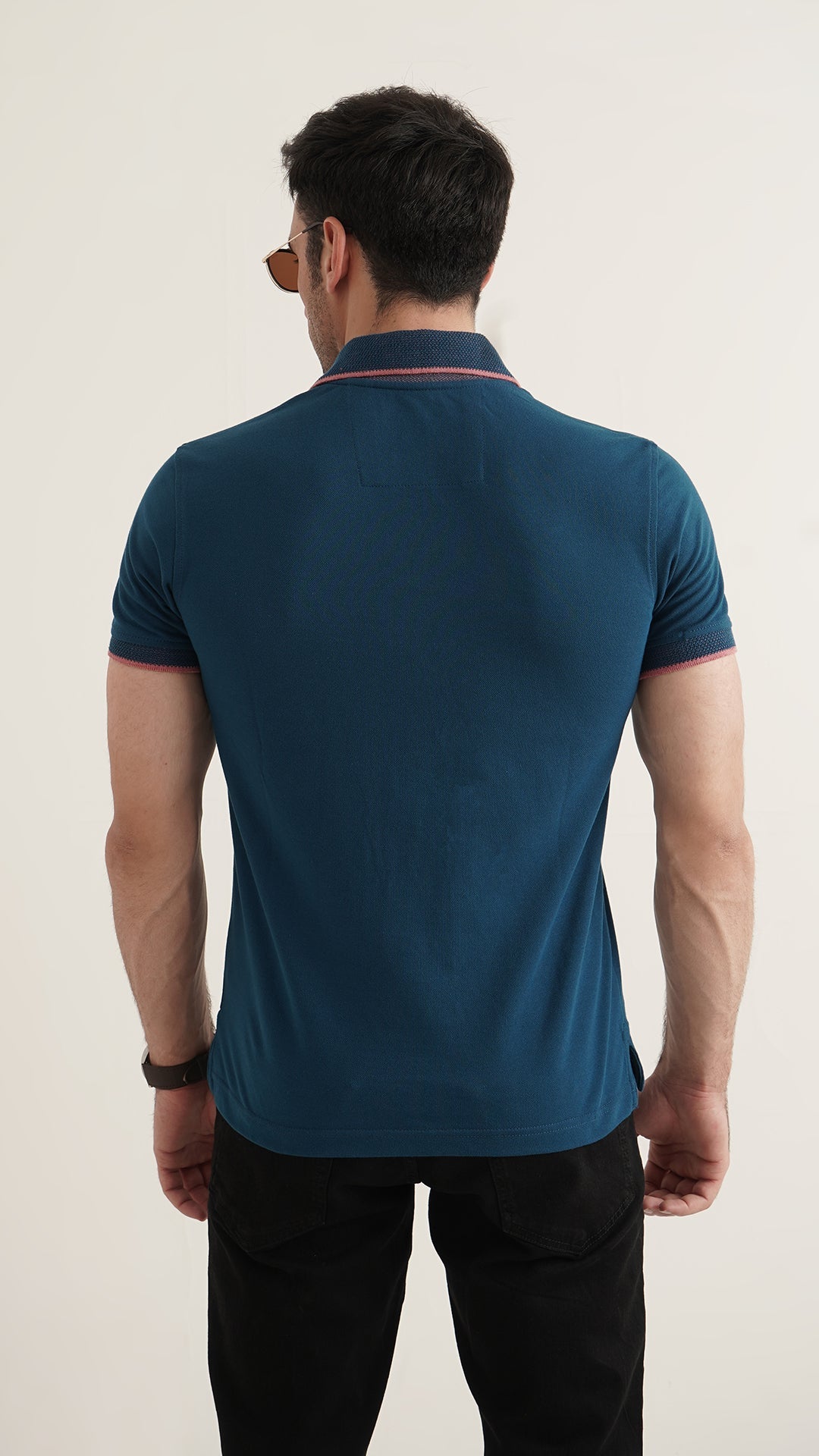 Markhor Blue Plain Pique Polo Jacquard Collar