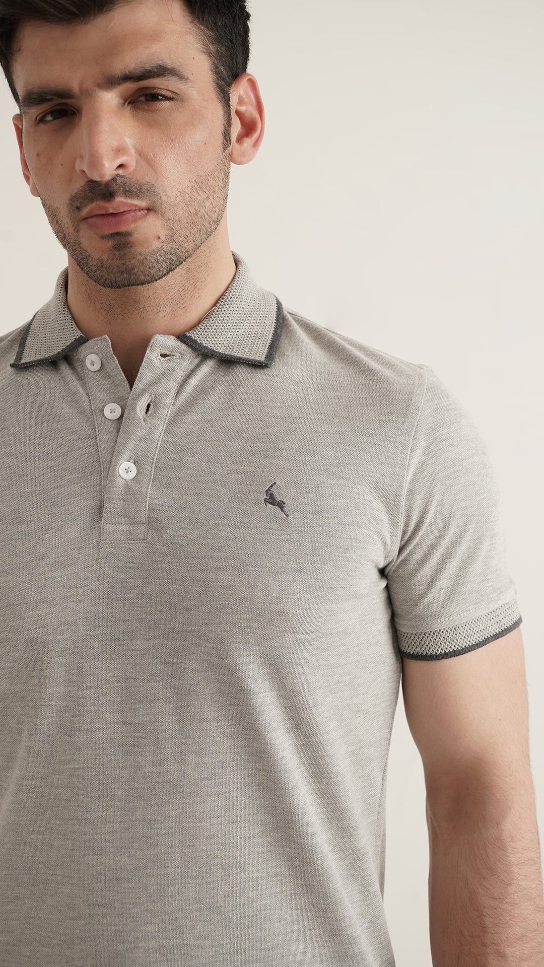 Markhor Heather Grey Plain Pique Polo Jacquard Collar