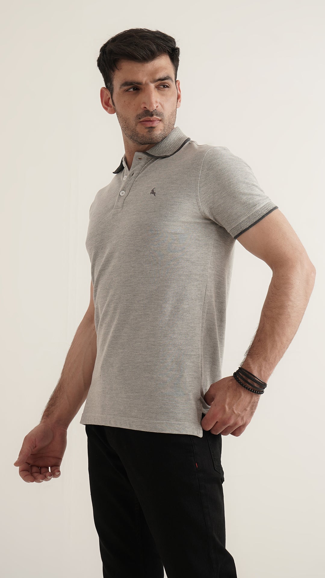 Markhor Heather Grey Plain Pique Polo Jacquard Collar