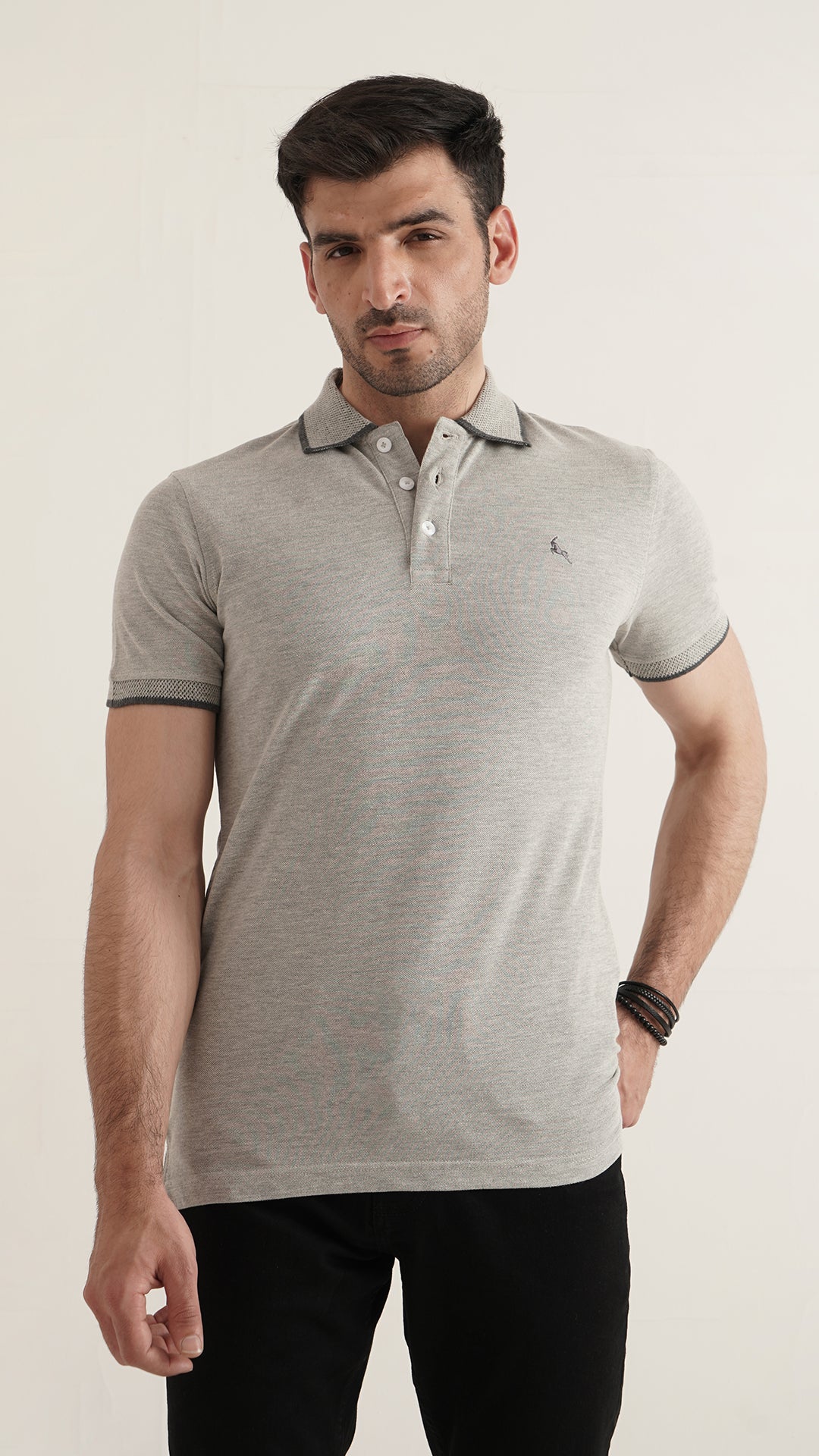 Markhor Heather Grey Plain Pique Polo Jacquard Collar