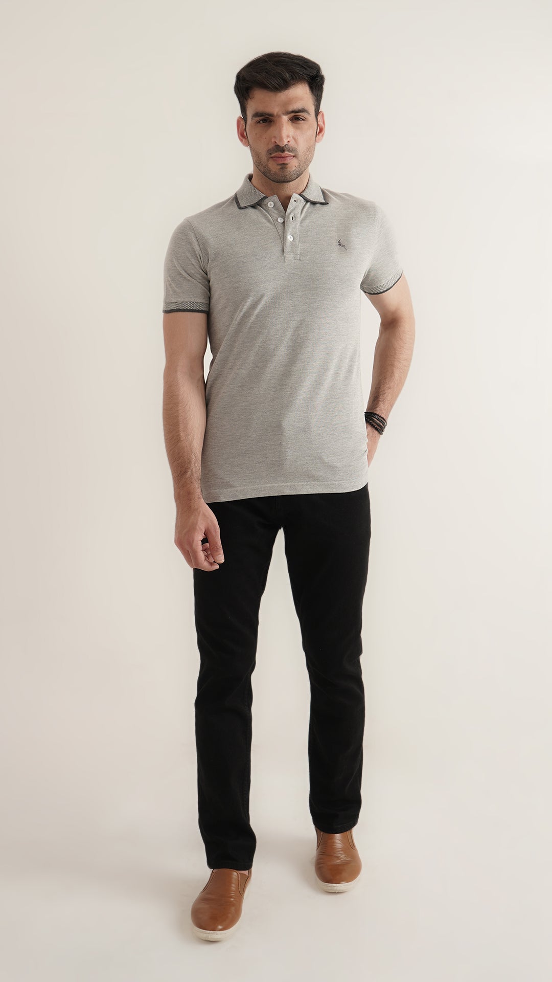 Markhor Heather Grey Plain Pique Polo Jacquard Collar