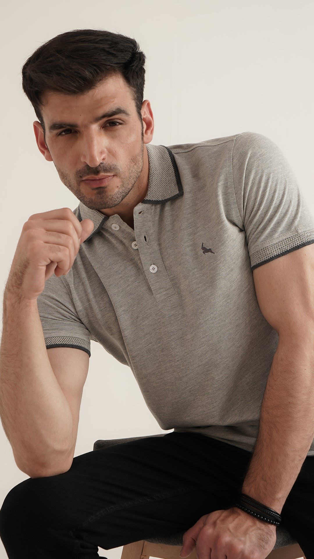 Markhor Heather Grey Plain Pique Polo Jacquard Collar