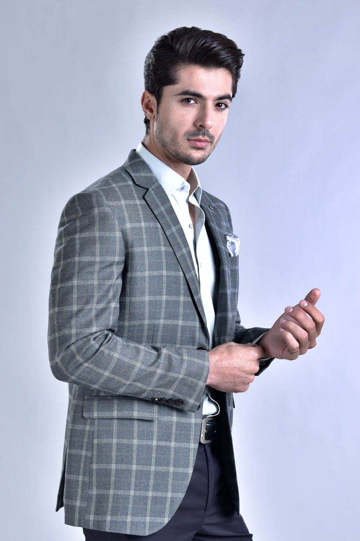 Slate Grey Tweed Checkerd Casual Coat 9050-21